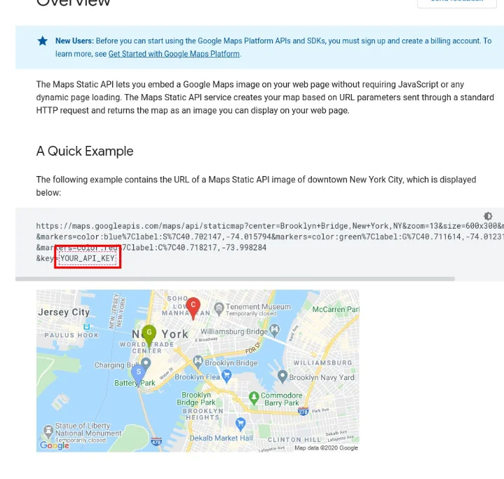 Página Overview da documentação da Maps Static API com um exemplo de URL e o trecho YOUR_API_KEY destacado em vermelho, acima de um mapa de Nova York com marcadores