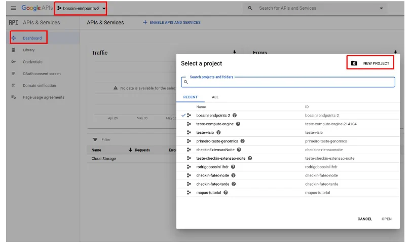 Console de APIs do Google com o seletor de projeto aberto na janela "Select a project" e o botão New Project destacado, além dos itens Dashboard e do nome do projeto destacados
