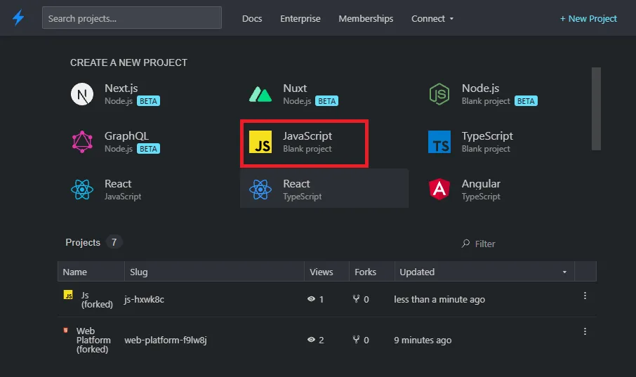 Tela inicial do StackBlitz com a opção JavaScript Blank project destacada em vermelho entre as opções de novo projeto