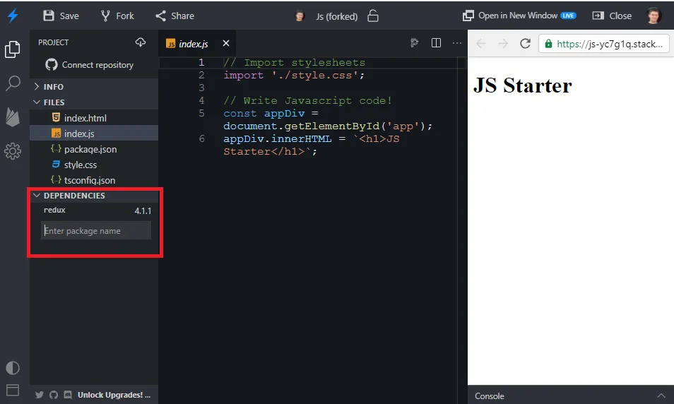 Editor do StackBlitz com a seção DEPENDENCIES destacada, mostrando redux na versão 4.1.1 e o campo "Enter package name"