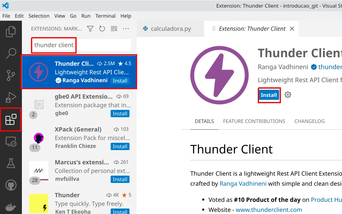Painel Extensions do VS Code com a busca thunder client e o botão Install da extensão destacado