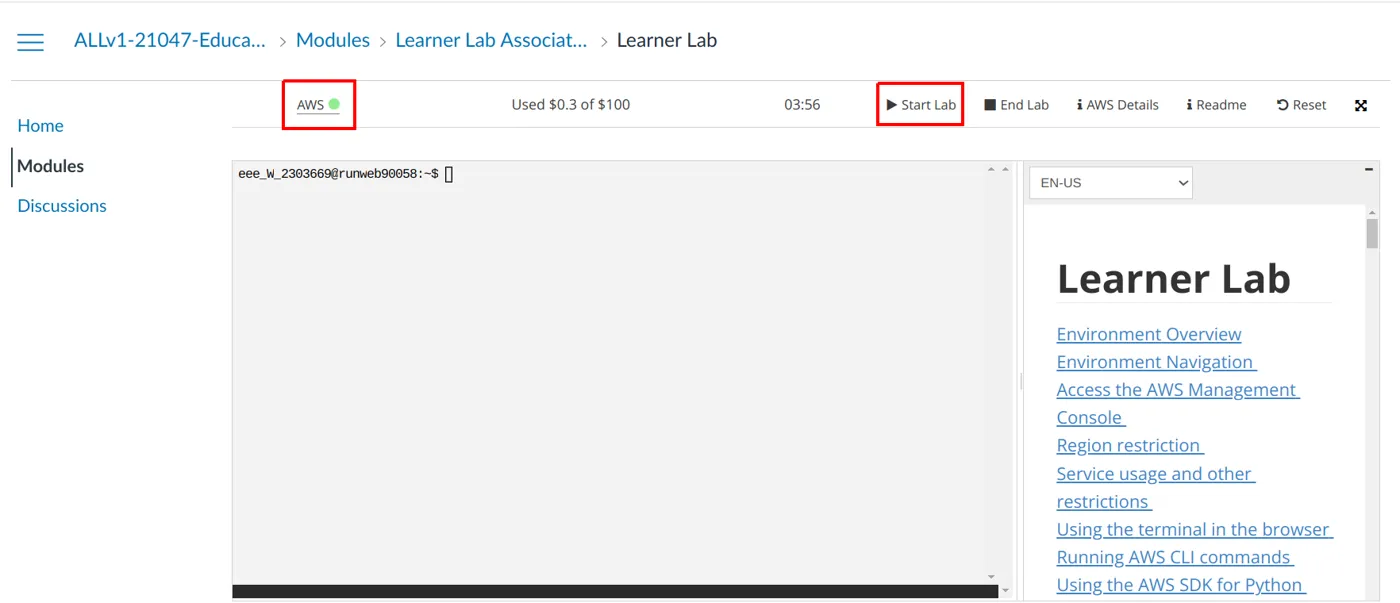 Página do Learner Lab com os botões Start Lab e AWS destacados no topo