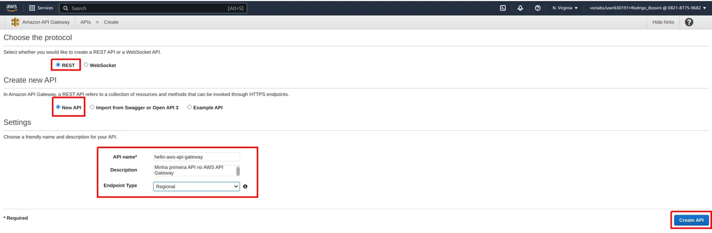 Formulário Create new API com a opção New API marcada e os campos de nome, descrição e tipo de endpoint preenchidos