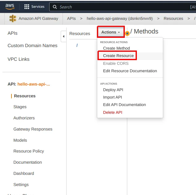 Menu Actions aberto com a opção Create Resource destacada