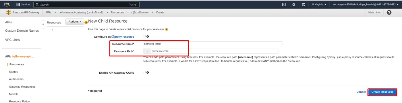 Formulário New Child Resource com nome e caminho primeiro-teste