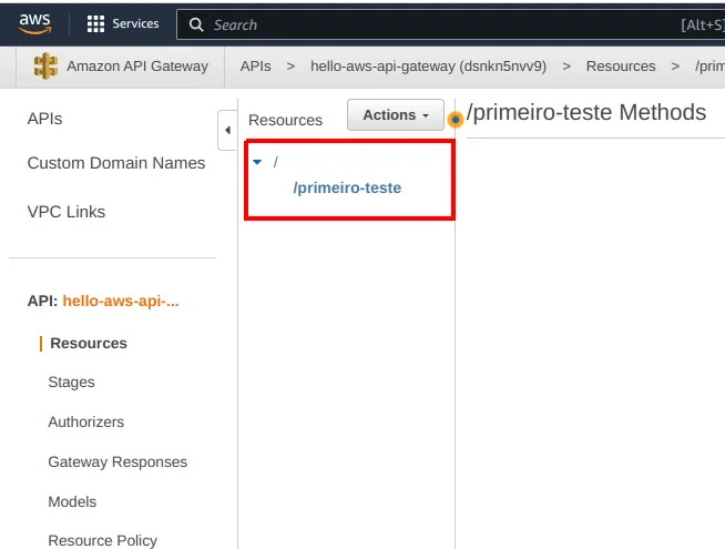 Árvore de recursos mostrando /primeiro-teste abaixo da raiz