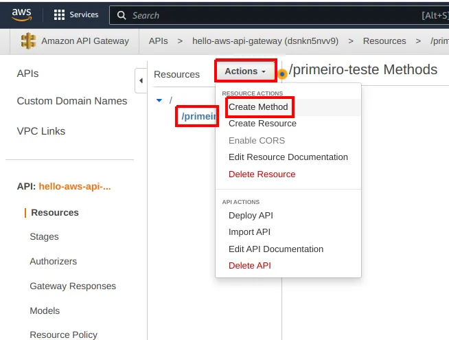 Menu Actions aberto sobre o recurso /primeiro-teste com a opção Create Method destacada