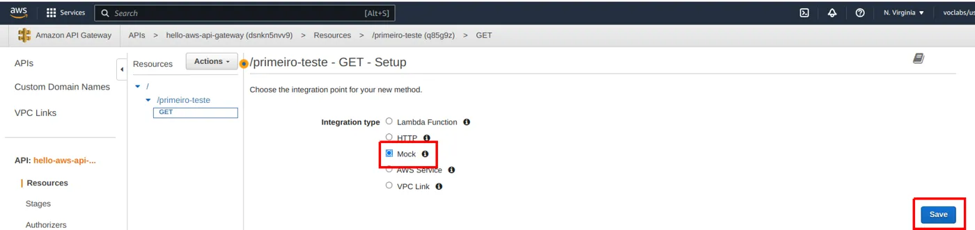 Tela de configuração do método GET com Integration type Mock selecionado e o botão Save destacado