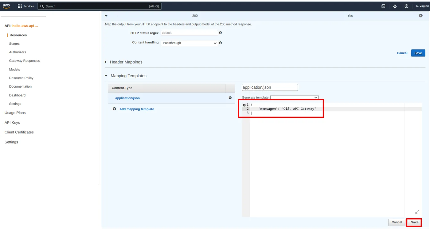 Editor do mapping template à direita com o JSON da mensagem e o botão Save destacado