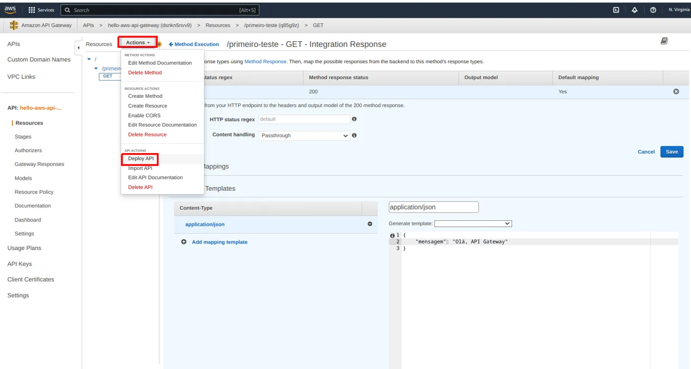 Menu Actions com a opção Deploy API destacada