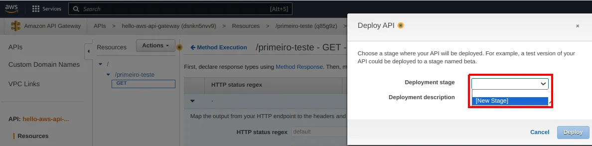 Janela Deploy API pedindo a escolha de um estágio