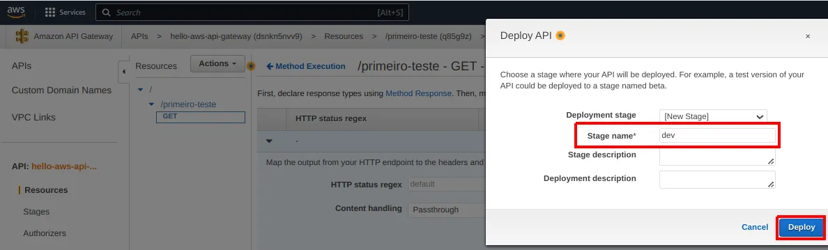 Janela Deploy API com New Stage selecionado e Stage name dev