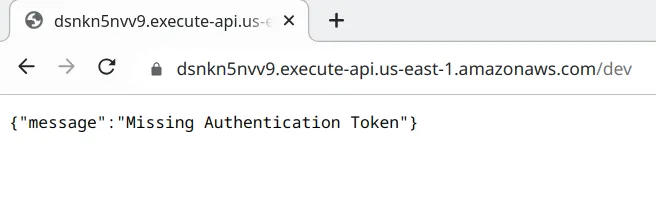 Navegador acessando a URL do estágio dev e exibindo {"message":"Missing Authentication Token"}