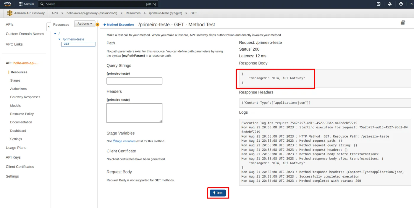 Tela de teste com o botão Test e, à direita, o corpo da resposta com a mensagem Olá, API Gateway e os logs