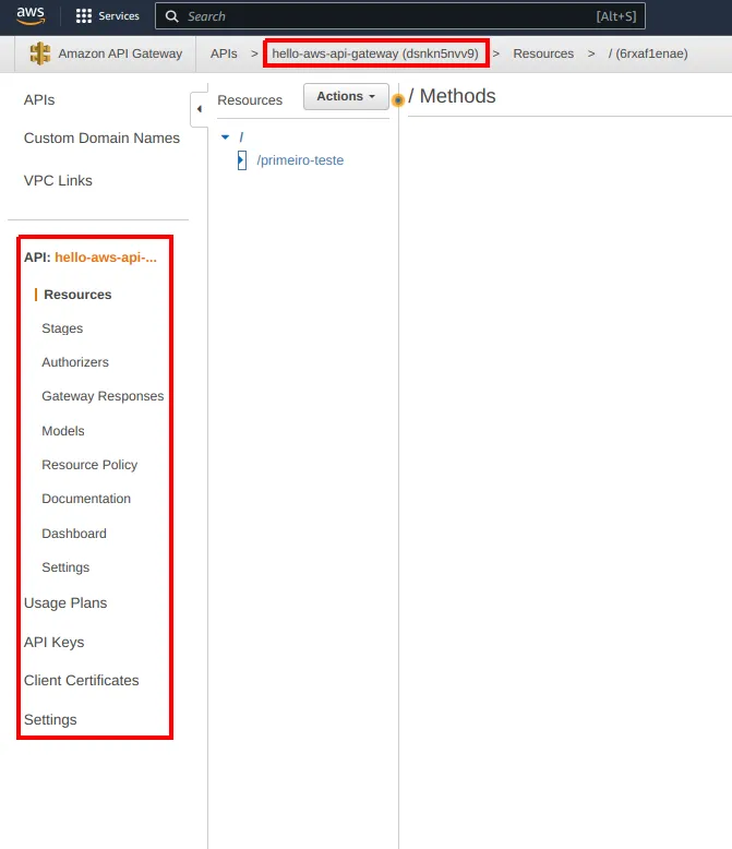 Menu à esquerda da API com Resources, Stages, Authorizers, Gateway Responses, Models, Resource Policy, Documentation, Dashboard, Settings, Usage Plans, API Keys e Client Certificates