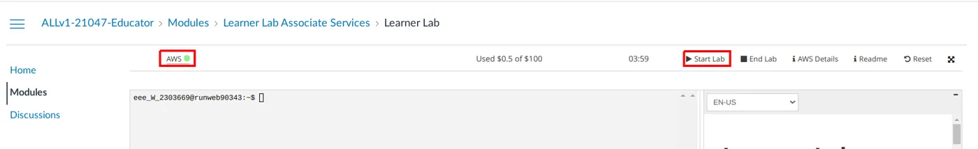 Página do Learner Lab com os botões Start Lab e AWS destacados