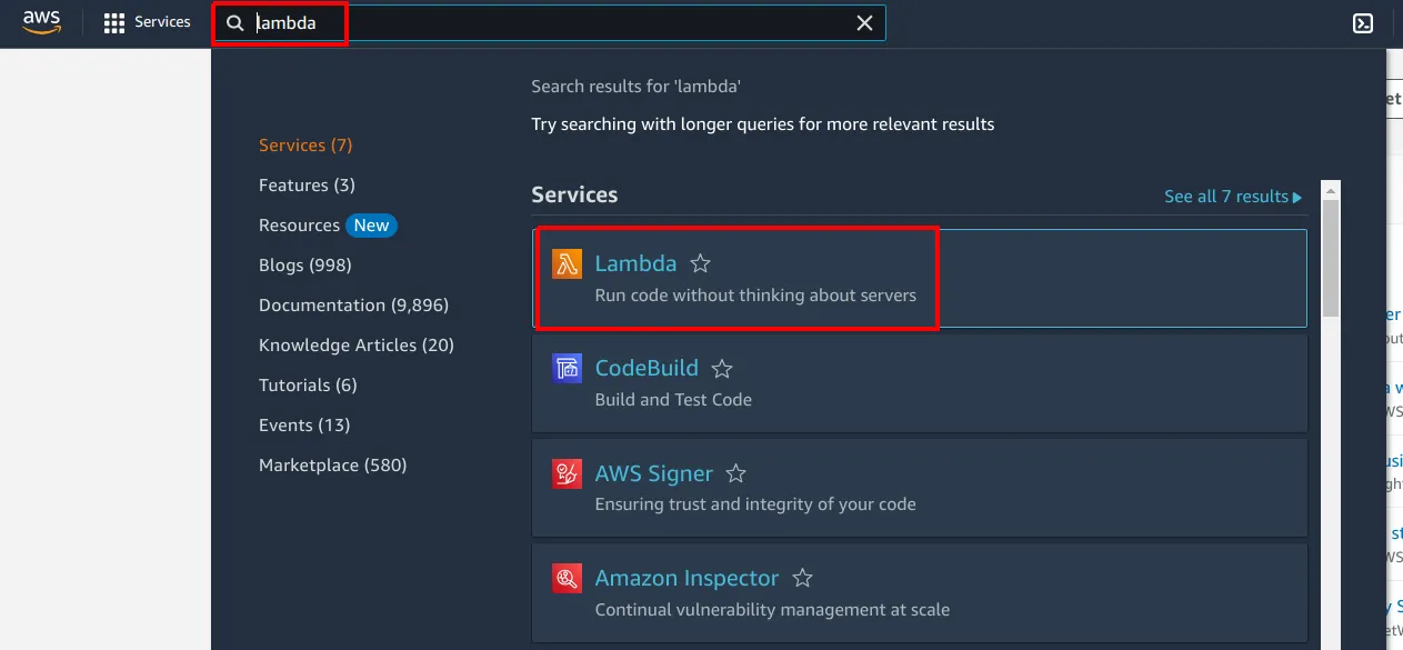 Barra de pesquisa do console com o texto lambda e o serviço Lambda destacado