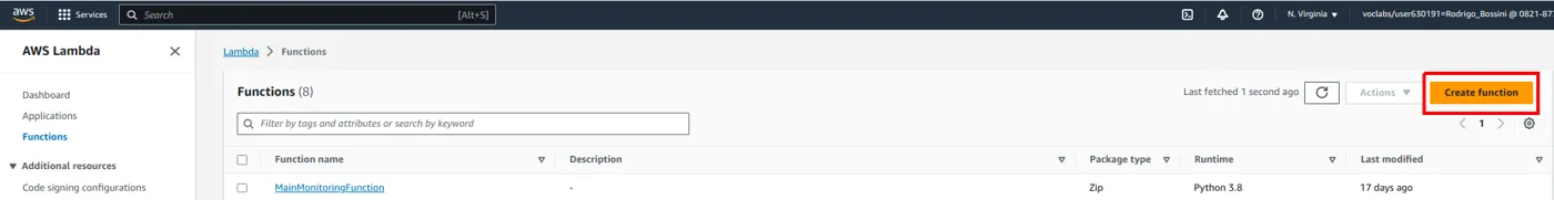 Página do serviço Lambda com o botão Create function destacado