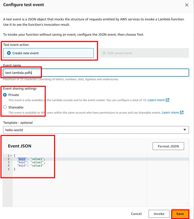 Janela Configure test event com Create new event, o nome do evento, o compartilhamento Private e o Event JSON padrão com key1, key2 e key3 destacados, e o botão Save