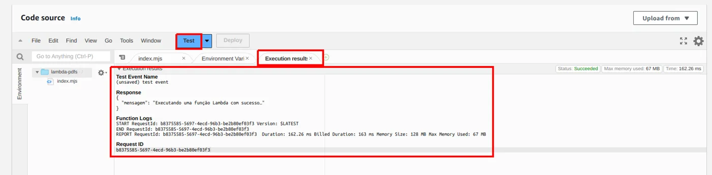 Aba Execution results mostrando a resposta com a mensagem Executando uma função Lambda com sucesso