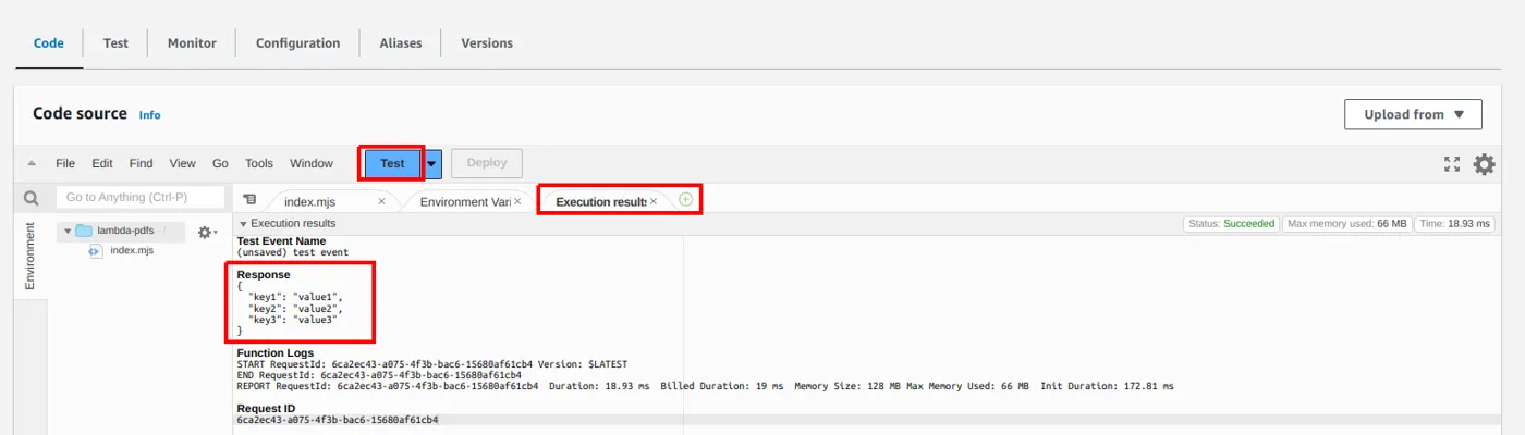 Aba Execution results mostrando a resposta com o objeto de teste contendo key1, key2 e key3