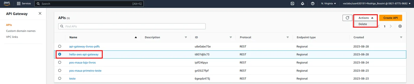 Lista de APIs com hello-aws-api-gateway selecionada e o menu Actions aberto na opção Delete