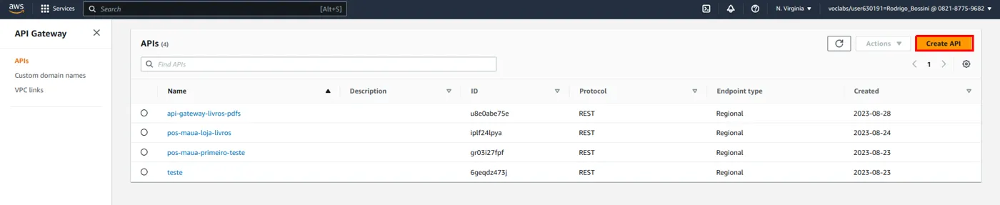 Lista de APIs com o botão Create API destacado