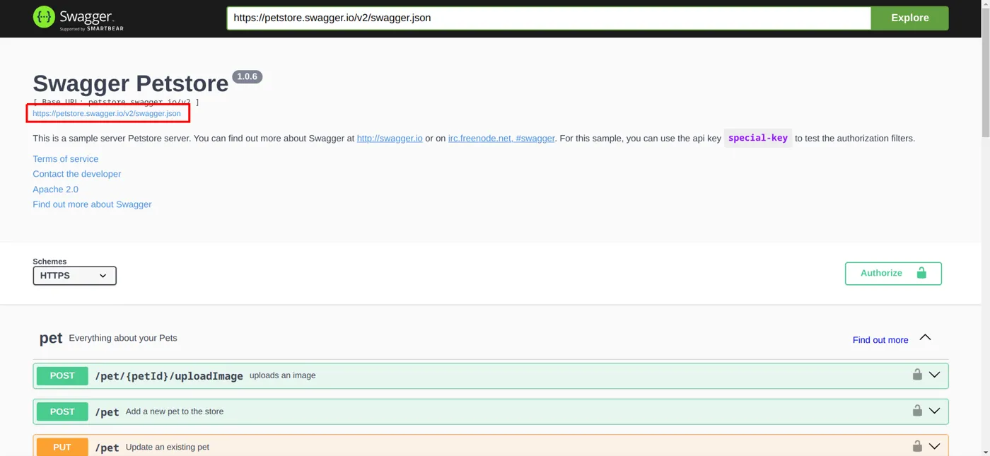 Página do Swagger Petstore com o link para o arquivo swagger.json destacado