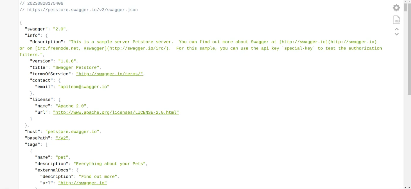 Arquivo swagger.json do Petstore exibido formatado no navegador