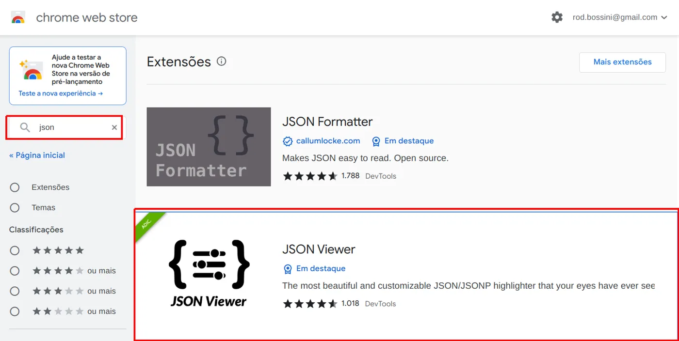 Chrome Web Store com a busca json e a extensão JSON Viewer destacada