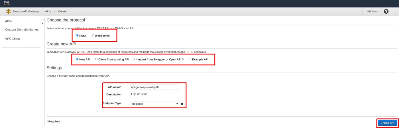 Formulário Create new API com New API selecionado e os campos de nome, descrição e tipo de endpoint Regional preenchidos