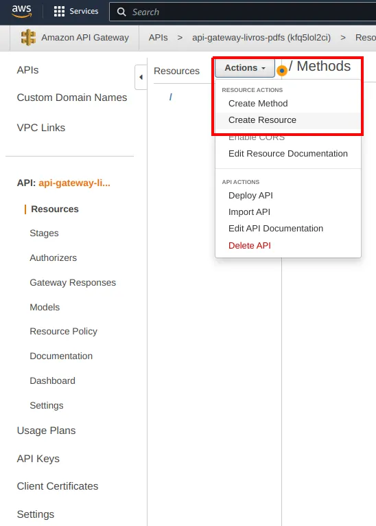 Menu Actions aberto sobre a raiz com a opção Create Resource destacada