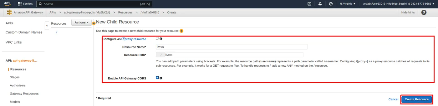 Formulário New Child Resource com nome e caminho livros e a opção Enable API Gateway CORS marcada