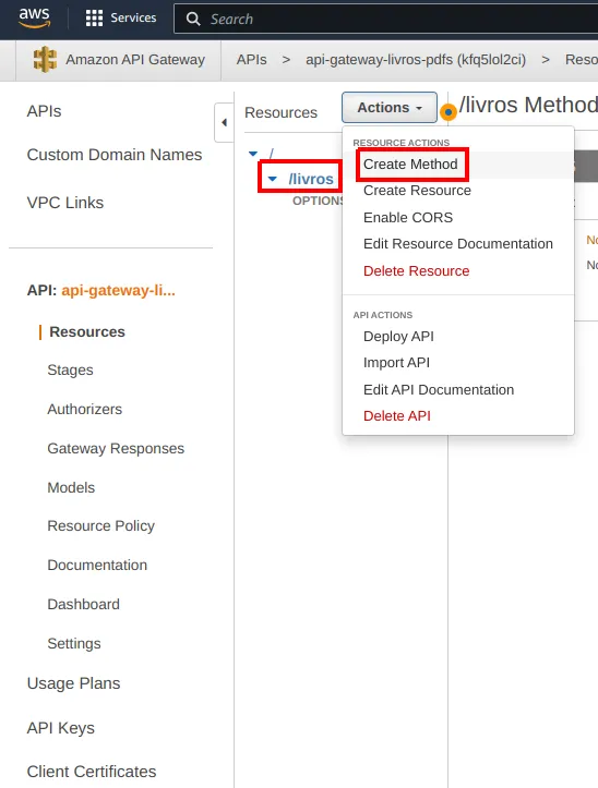 Recurso /livros selecionado e menu Actions aberto com a opção Create Method destacada
