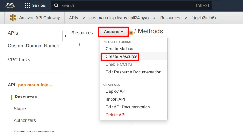 Menu Actions aberto sobre a raiz / da API, com a opção Create Resource destacada