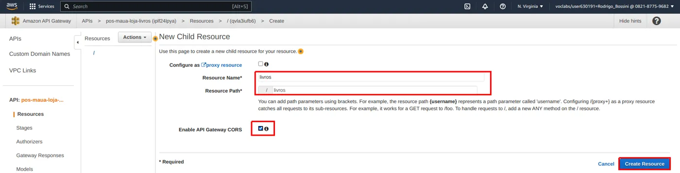 Tela New Child Resource com Resource Name e Resource Path preenchidos com livros, a caixa Enable API Gateway CORS marcada e o botão Create Resource destacado
