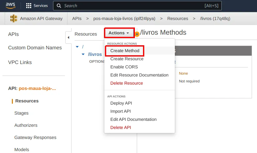 Recurso /livros selecionado e menu Actions aberto com a opção Create Method destacada