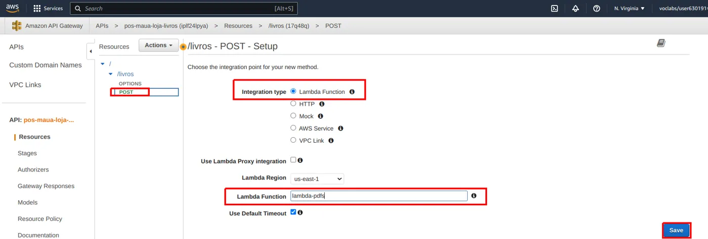 Tela /livros - POST - Setup com Integration type Lambda Function marcado, o campo Lambda Function preenchido com lambda-pdfs e o botão Save destacado