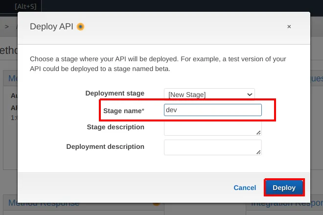 Diálogo Deploy API com Deployment stage igual a New Stage, Stage name preenchido com dev e o botão Deploy destacado