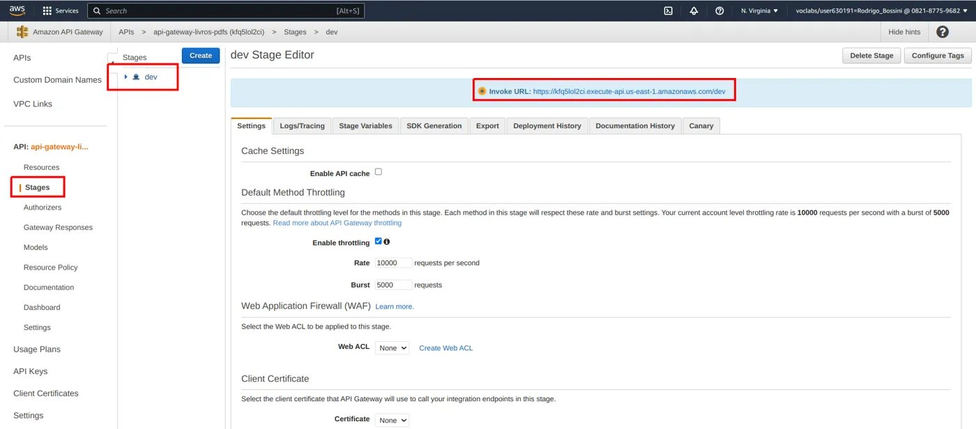 Tela do stage dev no API Gateway com a Invoke URL destacada no topo