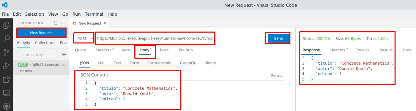 Thunder Client no VS Code com uma requisição POST para a URL /dev/livros, o corpo JSON com titulo, autor e edicao e a resposta Status 200 OK devolvendo o mesmo objeto