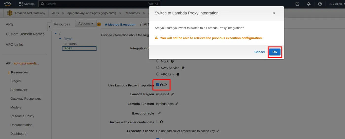 Caixa Use Lambda Proxy integration marcada e o diálogo Switch to Lambda Proxy integration com o botão OK destacado