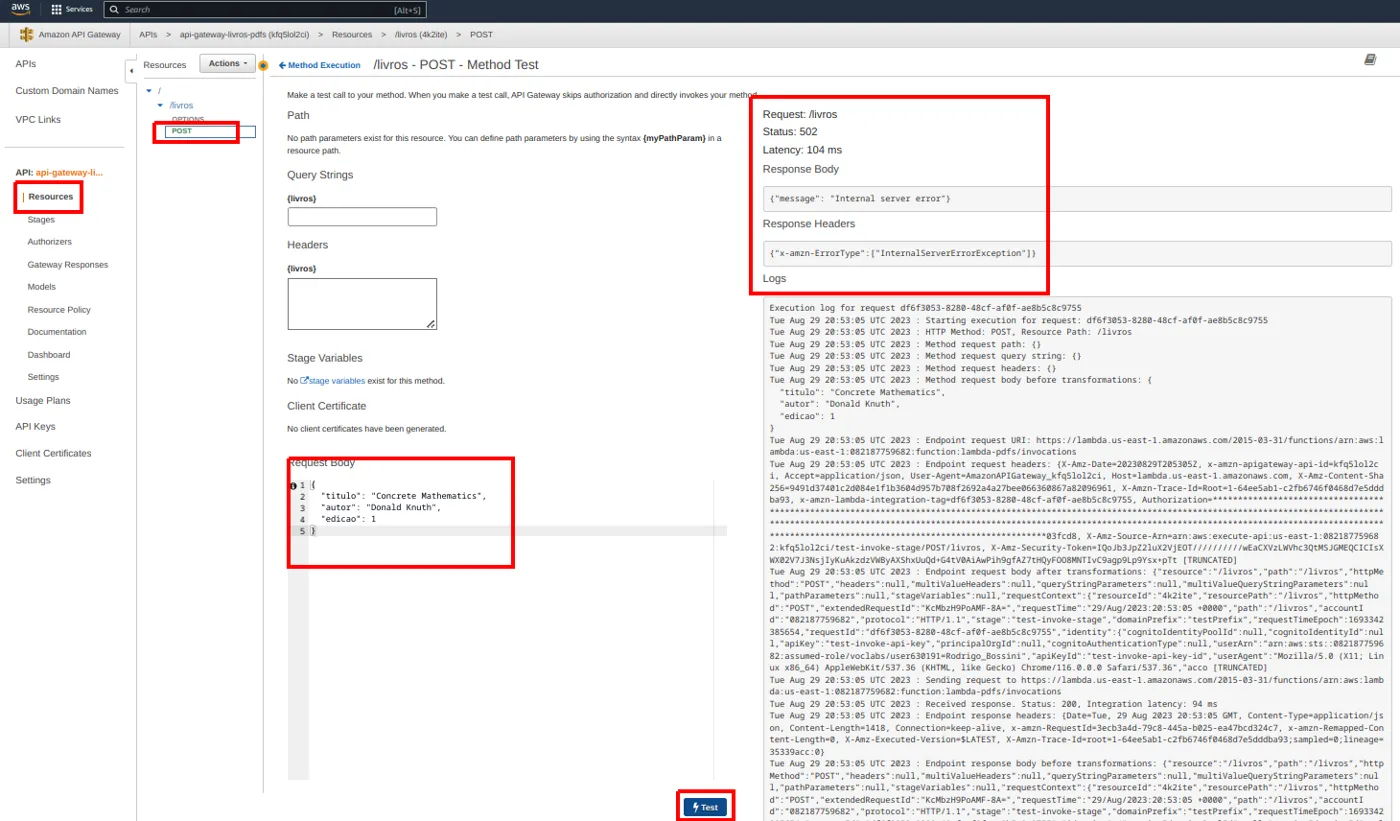 Tela Method Test com o corpo da requisição preenchido e a resposta Status 502 com a mensagem Internal server error