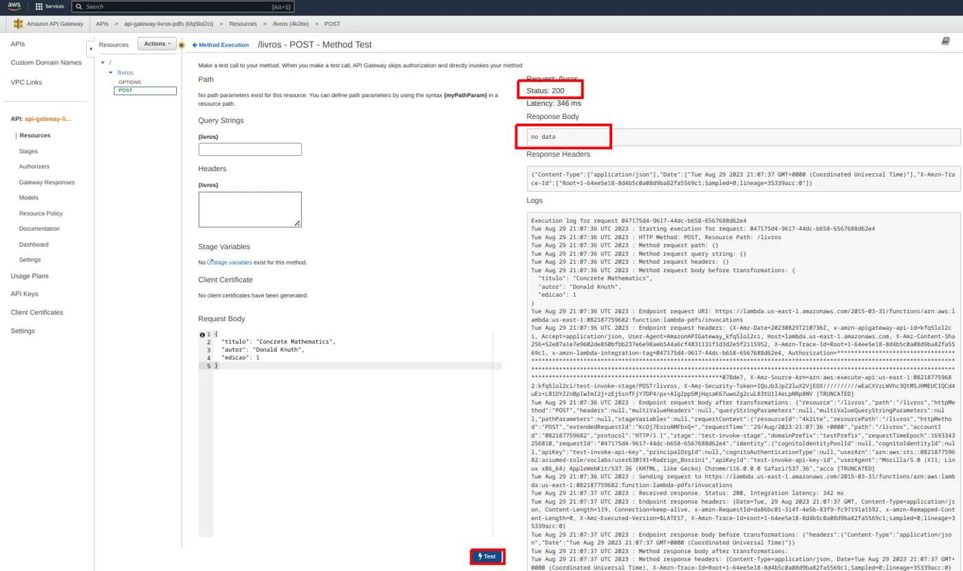 Tela Method Test com Status 200 destacado, Response Body igual a no data e os headers Content-Type e Date na resposta