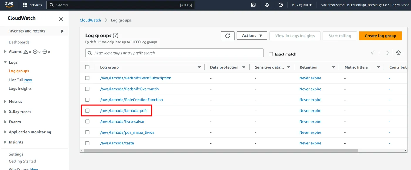 Lista de Log groups com o grupo /aws/lambda/lambda-pdfs destacado
