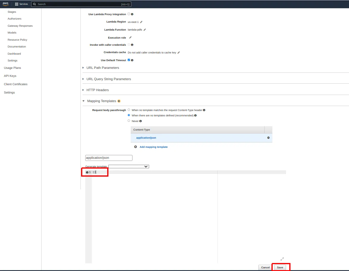 Editor do mapping template application/json contendo apenas {} e o botão Save destacado