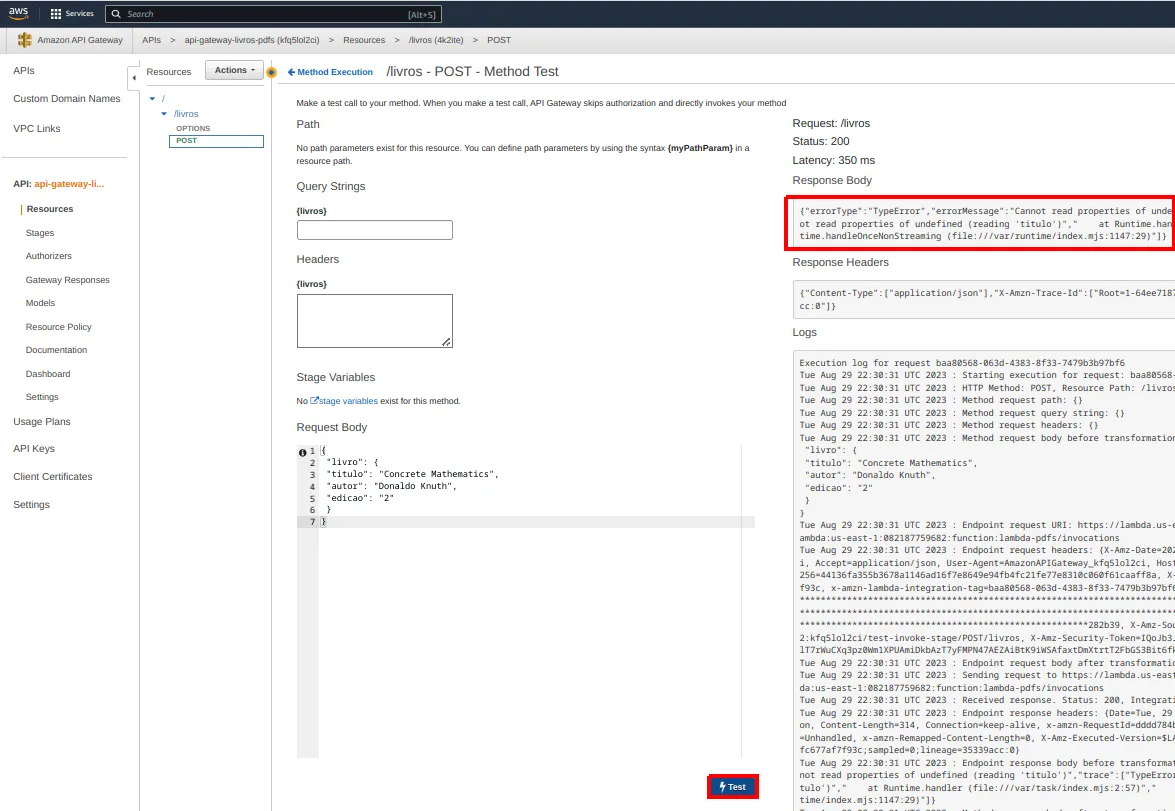 Tela Method Test com o Response Body destacado exibindo TypeError: Cannot read properties of undefined (reading 'titulo')