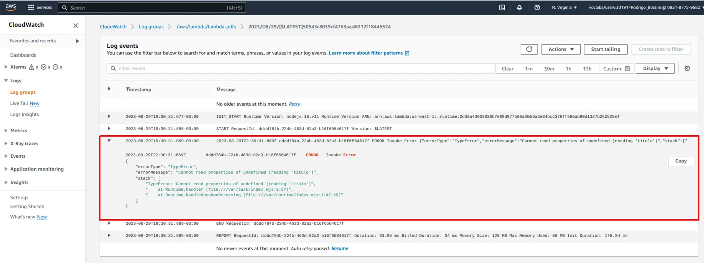 Log events no CloudWatch com uma entrada ERROR Invoke Error expandida, mostrando errorType TypeError e errorMessage Cannot read properties of undefined (reading 'titulo')