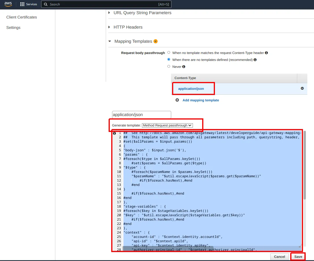 Seção Mapping Templates do Integration Request com application/json selecionado, Generate template igual a Method Request passthrough e o template gerado destacado no editor, com o botão Save