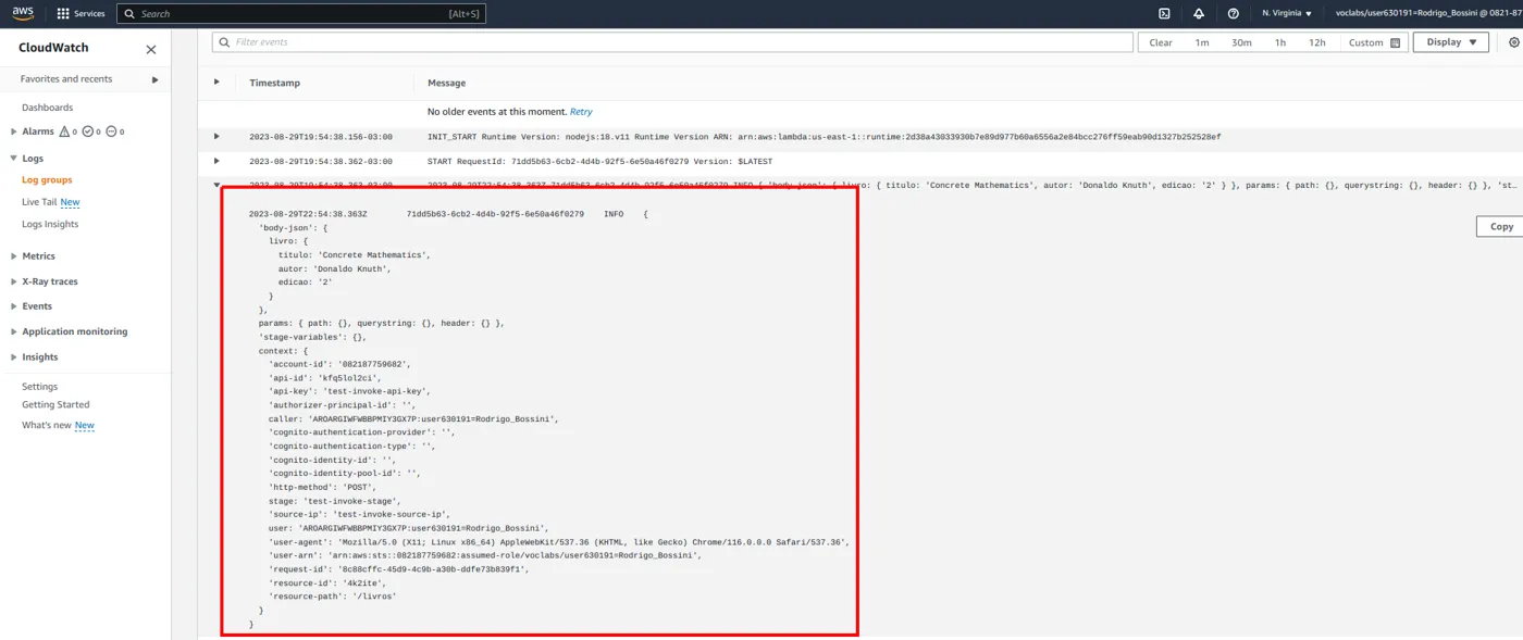 Log no CloudWatch com o objeto gerado pelo template: body-json contendo o livro, params com path, querystring e header, stage-variables e context com account-id, api-id, http-method, resource-path e outros